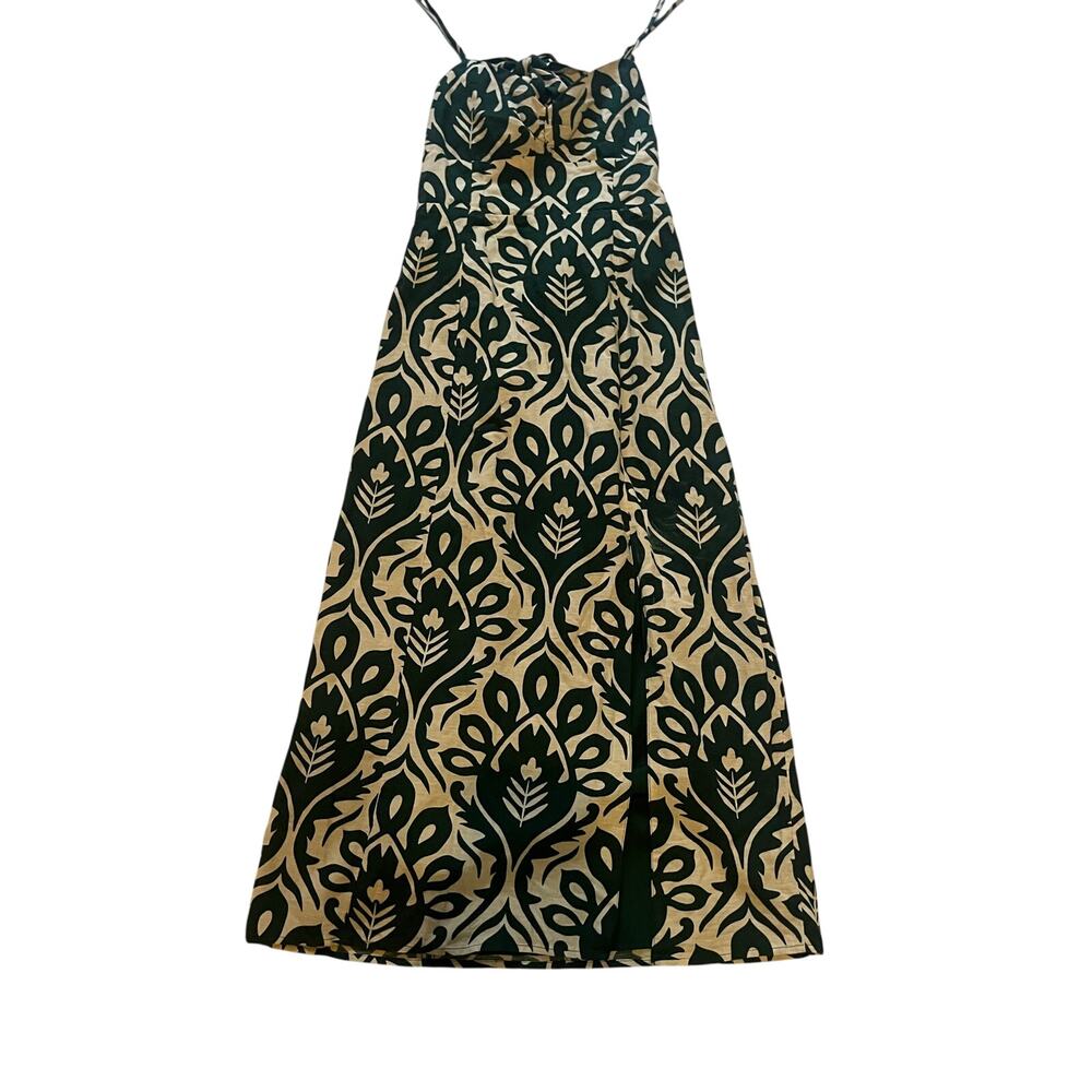 American Eagle Catie Corset Printed Column Midi Dress Green Beige Size M